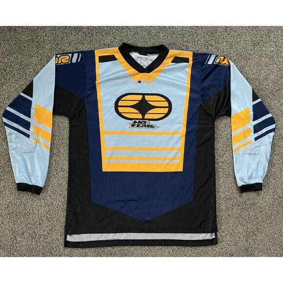 Vintage No Fear Motocross Jersey Mens Large Blue Yellow 90s Y2K Mesh Shirt Rave - Picture 1 of 7